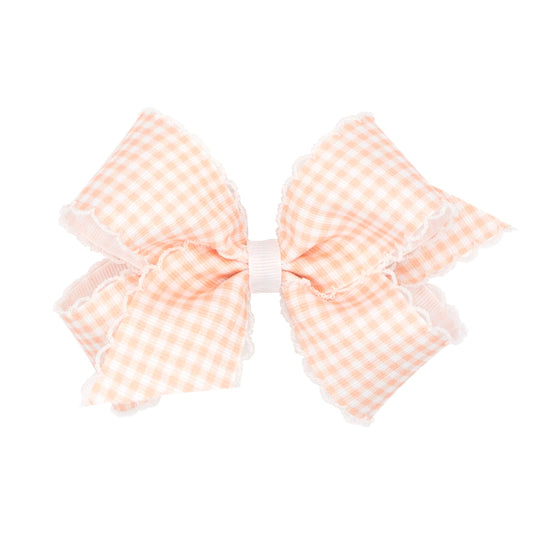 King Gingham Print Grosgrain Bow With Moonstitch Edge - Peach - George & Co.